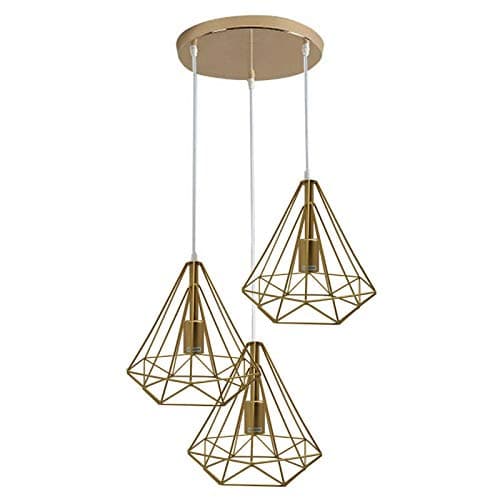 Image of LEDSone Vintage 3 Head Pendant Light Geometric Diamond Wire cage Pendant Light Ceiling Rose 20cm with Adjustable Cable of 95cm (Round Base - Diamond)