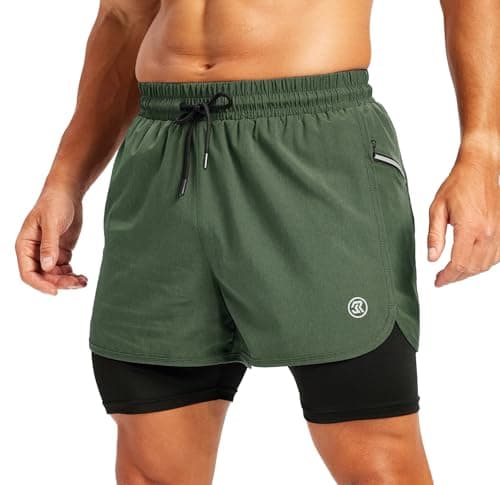 Image of Men's 2-in-1 Running Shorts with Side Pockets, Zippered Compression Lining, Moisture-Wicking - Suitable for Sports, Fitness, and Everyday wear Army Green XL