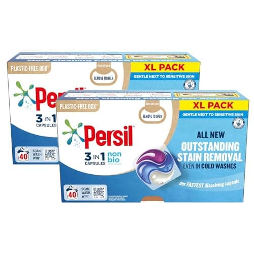 Image of Persil XL 3-In-1 Washing Capsules All New Outstanding Stain Removal Even In Cold Washes With Triple Action Cleaning All In One Power Washing Capsules, 40 Washes (Non-Bio, Buy 2)