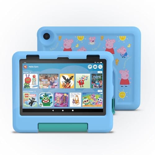 Image of Amazon Fire HD 8 Kids tablet (Peppa Pig, limited edition), ages 3–7 | Includes ads-free books, games and videos, 8" HD screen, parental controls, 13-hr battery, 32 GB, Blue