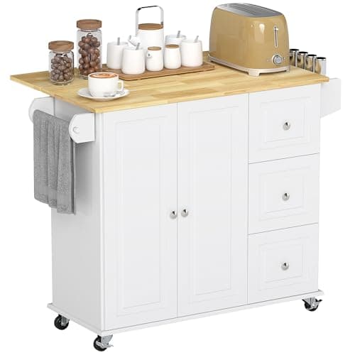 Image of HOMCOM Kitchen Island with Drop Leaf, Rolling Kitchen Storage Trolley on Wheels with 3 Drawers, Spice Rack and Towel Rack, Storage Cart with Rubber Wood Top, White