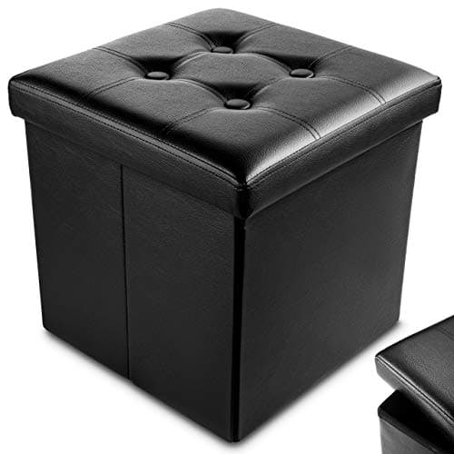 Image of Nyxi Faux Leather 38 * 38 * 38cm Black Ottoman Foldable Storage Boxes Seat Foot Stool Storage Box with Lids for Kids Toys, Bedroom, Hallway, Living Room