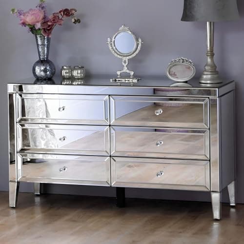 Image of IE INTERIOR EMPORIUM Valencia Mirrored Chest of Drawers – 6 Drawer Bedside Table with Crushed Diamond or Plain Finish – Elegant Chest of Drawers for Bedroom Storage (Plain)