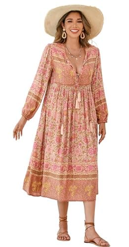 Image of R.Vivimos Women's Casual Bohemian Print Neck Tie Long Sleeve Beach Style Long Midi Dress Vacation Dress(XL,Apricot)