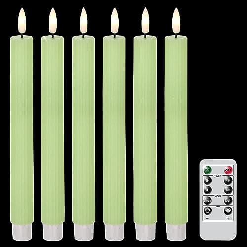 Image of Eldnacele Christmas Green LED Taper Candles with Remote Timer, 6 Pcs Battery Operated Real Wax Flameless Tapers Candles for Home Decorations