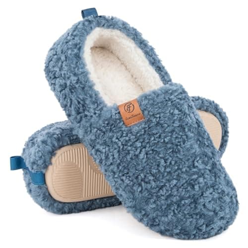 Image of EverFoams Women's Fuzzy Full Slippers Soft Comfy Faux Shearling Memory Foam Indoor House Shoes, Blue, 7-8 UK