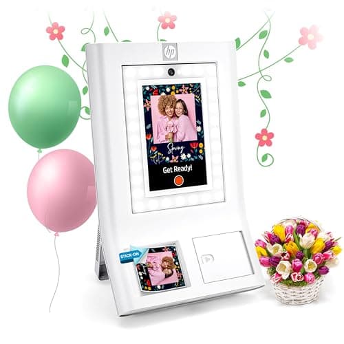 Image of HP Sprocket Photo Booth Machine Instant Color Photo Printer, 10.1" (25.6 cm) Touchscreen, Ring Light, Custom Frames, 3x4 (7.6x10.1 cm) Photobooth Zink Paper, Share via QR Code,Mobile Notify App,White
