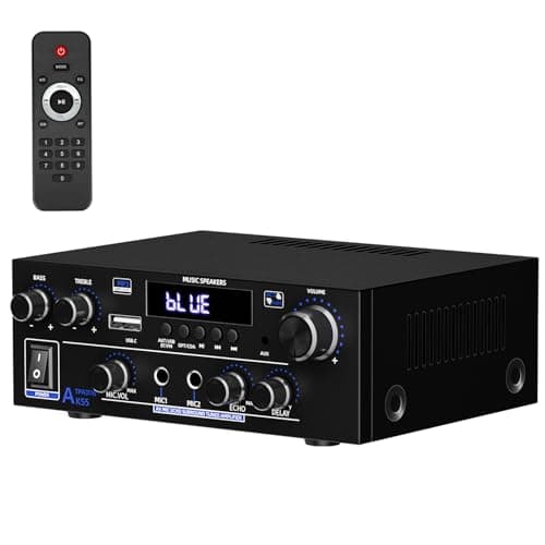 Image of Stereo Audio Amplifier 2 Channel, 1000W Bluetooth 5.3 Amp TPA3116 Chip, Hifi Amplifier for Two 50W x2 Speakers of About 8 Inches, USB/FM/MIC, for TV, for home or your Car (AK55)