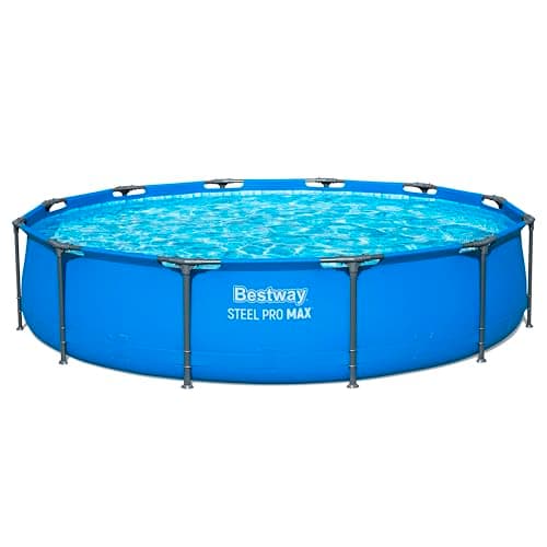 Image of Bestway Steel Pro Round Frame Swimming Pool 12 ft with Filter Pump, 366 x 76 cm Above Ground Pool, Tri Tech Durable Liner, Rust Resistant Steel Frame, Easy Setup Garden Pool - Blue