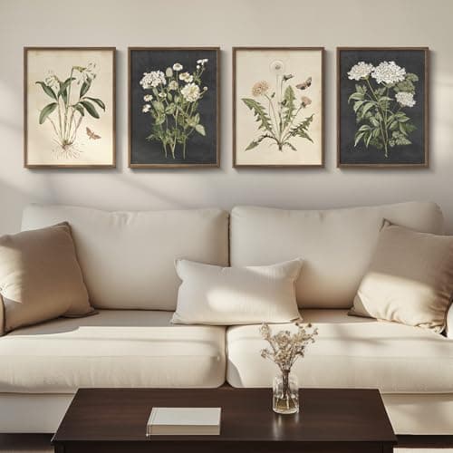 Image of Framed Botanical Wall Art for Living Room, 4 Piece Rustic Floral Canvas Paintings Prints ArtWork for Walls, Vintage Flower Butterfly Pictures for Farmhouse Dining Room Hallway Bedroom Kitchen Bathroom