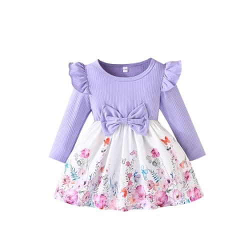 Image of Luolabala Baby Girls Dresses Butterfly Print Ruffle Bow Dress Long Sleeve Infant Baby Girl Toddler Dresses for 3-24 Months（6-9Months） Purple