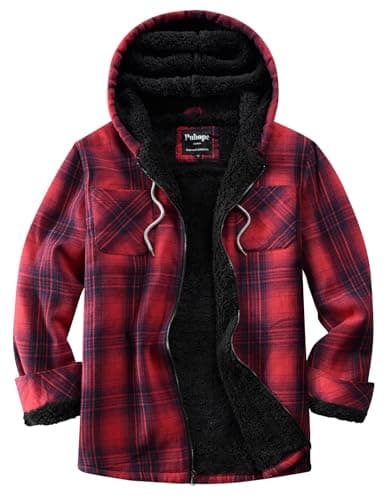 Image of Puhope Womens Sherpa Lined Jacket Fleece Zip Up Jacket Flannel Plaid shirt jacket Full Zip Hoodies for Women, Red, S