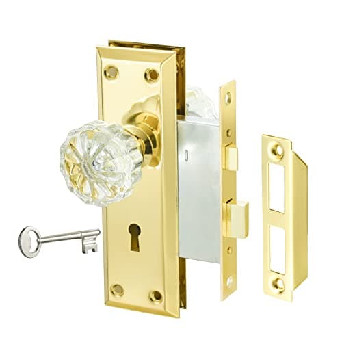 Image of newliplace Mortise Lock Set with Crystal Glass Knob, Gold Antique Door Knobs with Lock and Key, Fit Interior Door, Polished Brass Finish