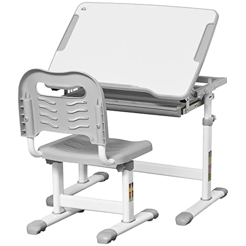 Image of HOMCOM Kids Desk and Chair Set, Height Adjustable Student Writing Desk, Children School Study Table with Tiltable Desktop, Drawer, Pen Slot, Hook - Grey
