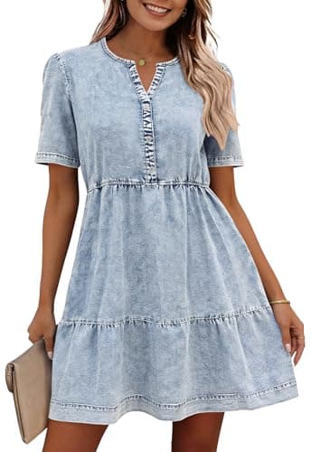 Image of Ancapelion Denim Dress for Women Babydoll Short Sleeve Button Down Jean Shirt Dresses Summer Cotton Casual Dresses Indigo L