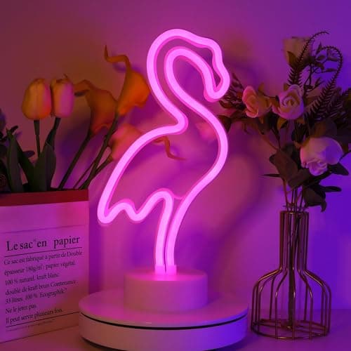 Image of ENUOLI Flamingo Neon Light Signs Pink LED Neon Art Decorative with Holder Base Table Light Marquee Signs Wall Decoration for Kids' Room Birthday Party Light Bar Recreational Wedding Party