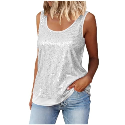 Image of HAOLEI Sparkly Tops Ladies UK - Women Sequin Tank Tops Elegant Going Out Sparkle Shiny Blouses Shimmer Glitter Cami Shirts Spring Evening Party Disco Concert Outfits Cocktail Camisoles Vest Top White