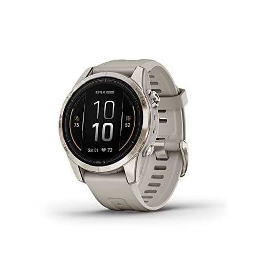 Image of Garmin EPIX PRO (GEN 2) SAPPHIRE EDITION- 42MM -SOFT GOLD WITH CREAM HEATHERED NYLON BAND, (PLUS A LIGHT SAND SILICONE WATCH BAND)