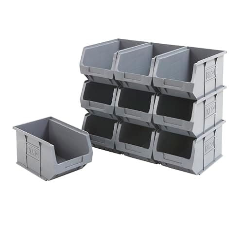 Image of BiGDUG Plastic Parts Bins - Stackable or Wall Mounted Storage Boxes Garage Organiser - Pack of 10 - 125H x 150W x 240D mm - Grey