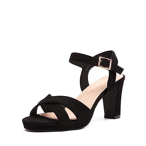 Image of DREAM PAIRS Women’s Open Toe Ankle Strap Sparkly Strappy Chunky Heel Pump Heels ICE-1,Size 5,Black/Suede,ICE-1