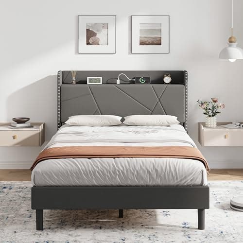 Image of IRONCK 4ft Small Double Bed Frame with Charging Station, Bed Frame Small Double with Upholstered Storage Headboard, Sturdy Wooden Slat Support, No Box Spring Needed, Grey 120X190 cm