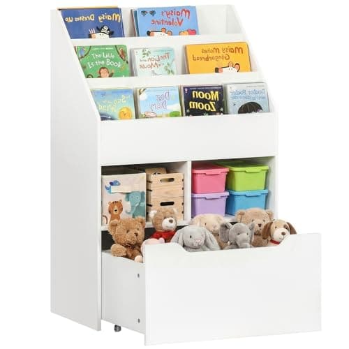 Image of HOMCOM Kids Bookshelf with Moveable Drawer, Montessori-Inspired Children's Bookcase with Wheels, Toy Organiser for Bedroom, Playroom - White