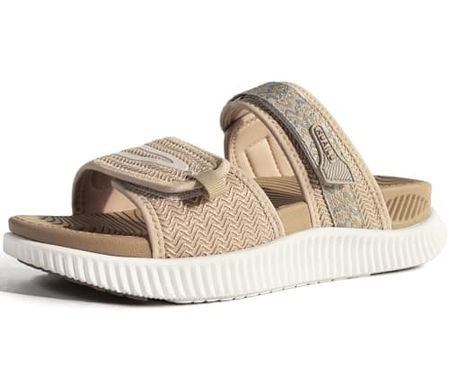 Image of KuaiLu Womens Orthotic Slides Athletic Thick Cushion Recovery Sandals Adjustable Strap Open Toe Slip On Yoga Mat Walking Ladies Sport Sandles Comfort Plantar Fasciitis Arch Support Beige Size 6