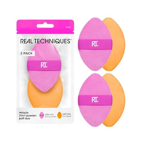 Image of Real Techniques Miracle 2-In-1 Powder Puff, Dual-Sided, Full-Size Makeup Blending Puff, Reversible Elastic Band, Precision Tip Makeup Sponge and Powder Puff, For Liquid, Cream and Powder, 2 Count