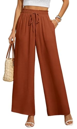 Image of BEIGAI Women Trousers Elasticated High Waist Wide Leg Pants with Pockets Ladies Elegant Loose Lounge Palazzo Pants for Work/Walking/Yoga,Caramel,L