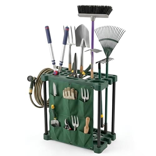 Image of Durable Plastic Mobile Weatherproof Garden Tool Storage Rack - Lightweight Portable Caddy - Free Standing Unit Tidy Organiser for 40 Garden Tools with Multiple Pouches - Easy Assembly