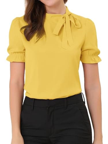 Image of Allegra K Women's Bow Tie Neck Tops Elegant Office Short Sleeve Blouse Yellow 12