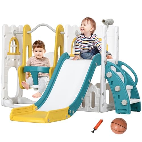 Image of AIYAPLAY Toddler Swing and Slide Set, 6 in 1 Baby Climber and Swing Set, Kids Playground with Basketball Hoop, Telescope, Storage Space, Yellow