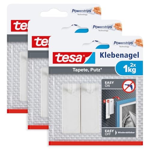 Image of tesa Adhesive Nail for Wallpaper and Plaster, 1 kg, Pack of 3, Self-Adhesive Nails for Sensitive Surfaces, Residue-Free, Up to 1 kg Holding Capacity per Nail, 3 x 2 Adhesive Nails