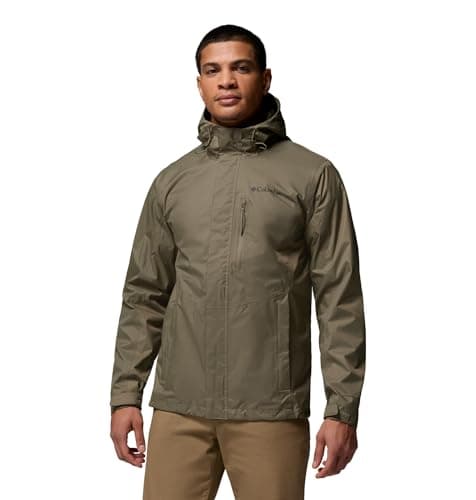 Image of Columbia Men's Pouring Adventure 3 Jacket, Waterproof Rain Jacket, Stone Green, Large