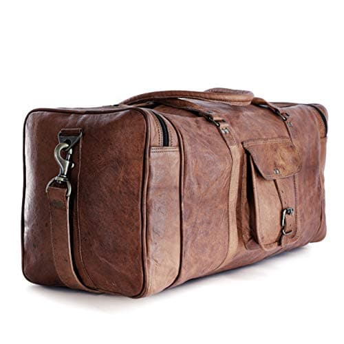 Image of Leather Duffle Bags Large 24 Inch Square Duffel Travel Gym Sports Overnight Weekender Leather Bag for Men and Women by KPL