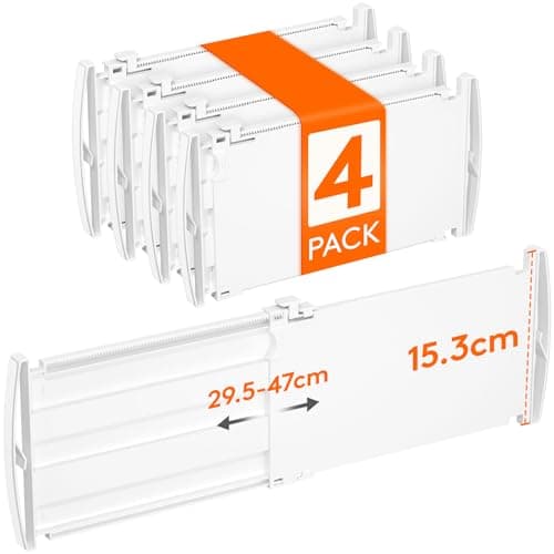 Image of Lifewit 4 Pack 6" High Drawer Dividers 30-47cm/11.5-18.5" Adjustable Drawer Dividers for Clothes, Expandable Kitchen Drawer Dividers Organisers, Drawers Separators for Bathroom/Bedroom/Office White