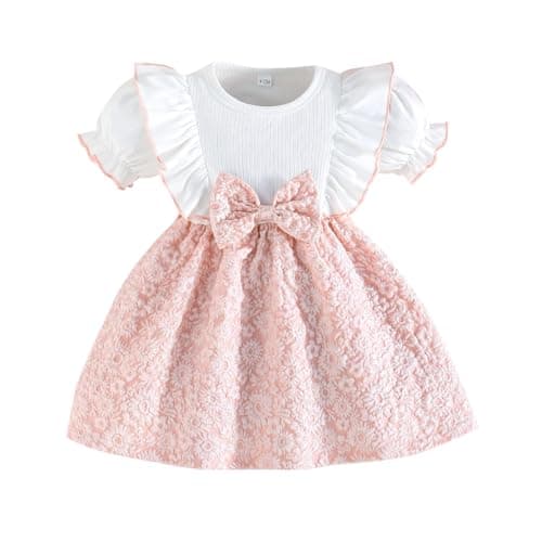 Image of QUNERY Baby Girl Outfits Floral Rib Knit Dress Birthday Party Dresses for Infant Girls Summer Clothes light pink 6-9 months