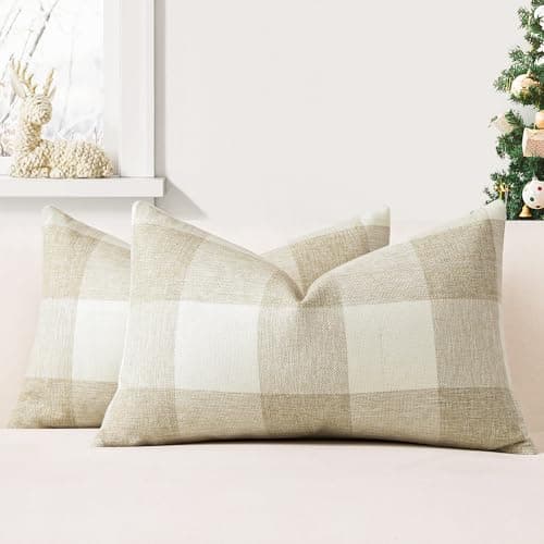 Image of JOTOM Set of 2 Classic Plaids Cushion Covers 40x60 cm Farmhouse Buffalo Check Soft solid Decorative Throw Pillow Covers Home Decor Outdoor Cushion Case for Sofa Bedroom (Cream White)