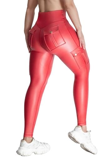 Image of Nuofengkudu Womens Faux Leather Cargo Leggings Pockets High Waisted 7/8 Length Stretch Athletic Shiny Soft Fitness Workout Sports Push up Tummy Control Butt Lift Opaque Slim Fit Pants Red 2XL