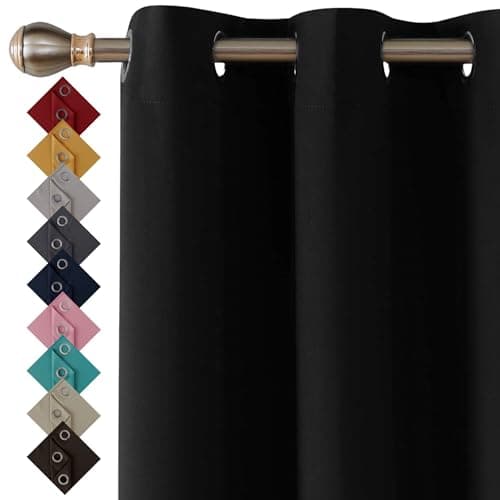 Image of Thermal Insulated Blackout Ring Top Eyelet Curtains for Bedroom Windows 66 x 90 Inches Black 2 Panels (66”(167cm) wide x 90”(228cm) long, Black)