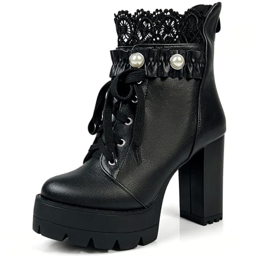 Image of FOREADA Black High Heel Boots For Women Platform Booties Chunky Heeled Fashion Lace Up Goth Ankle Boots with Zipper Round Toe Punk Gothic Shoes, High Heel Black, 9 UK