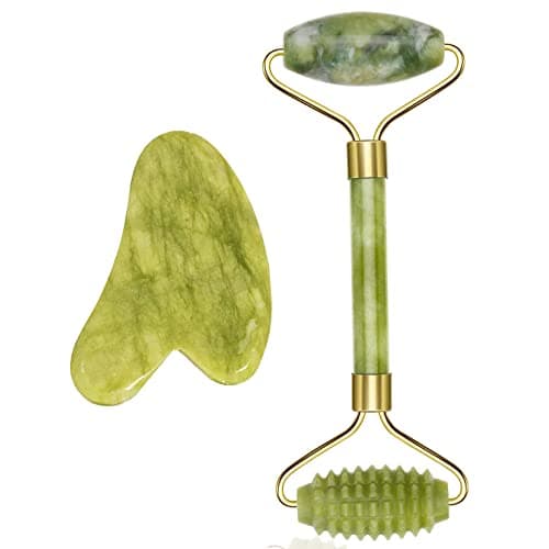 Image of Jade Roller & Gua Sha Set - Face & Neck Massager, Eye Puffiness Treatment, Skin Tightening, Natural Green Slimming Massager (Roller-1)