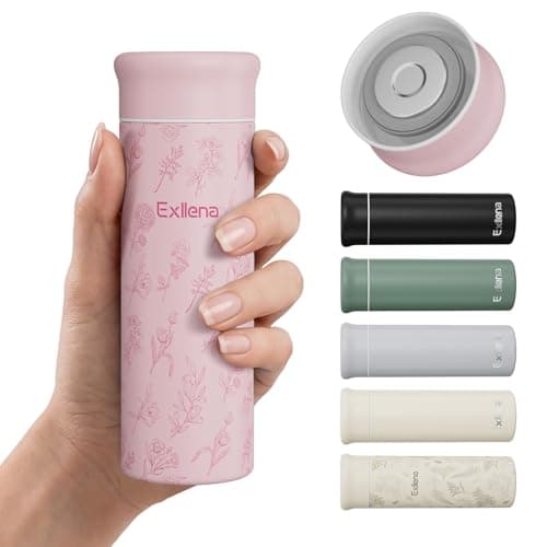 Image of Exllena 250ml Mini Thermal Flask – 100% Leakproof Pocket Travel Mug for Flat White Coffee & Tea – Slim Stainless Steel Small Water Bottle for Handbag, Commute, Milk – BPA Free(Pink Botanical)