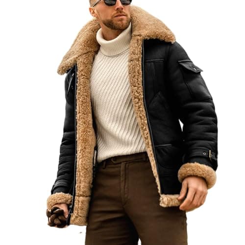 Image of EsukAr Mens Aviator Shearling Sheepskin Leather Bomber Flying Jacket,Black,M