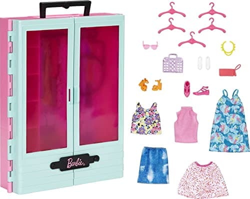 Image of BARBIE BRAND Closet Playset with 3 Outfits, 3 Pairs of Shoes, 2 Purses, Necklace and Sunglasses Accessories, 5 Hangars, Gift for 3 to 8 Years Old, HKR92