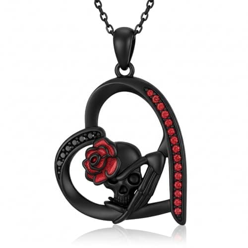 Image of QHQPQ Black Skull Necklace for Women Men 925 Sterling Silver Red Rose Heart Skeleton Hand Pendant Gothic Halloween Jewelry Gift for Wife, Girlfriend