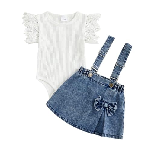 Image of MAHUAOYIXI Toddler Girls Outfits Lace Short Sleeve Solid Color Romper Bodysuit Jumpsuit and Denim Suspender Skirt A-Line Dress Adjustable Buckle Overalls 2Pcs Set Baby Girl Clothes (Blue, 3-6 Months)