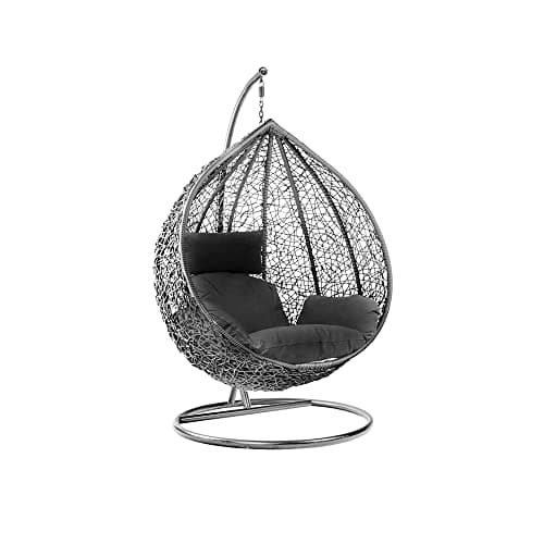 Image of Rattan Swing Egg Chair Hanging Garden Hammock with Cushions & Stand Outdoor Indoor Furniture (Grey Egg Chair & Black Cushion)