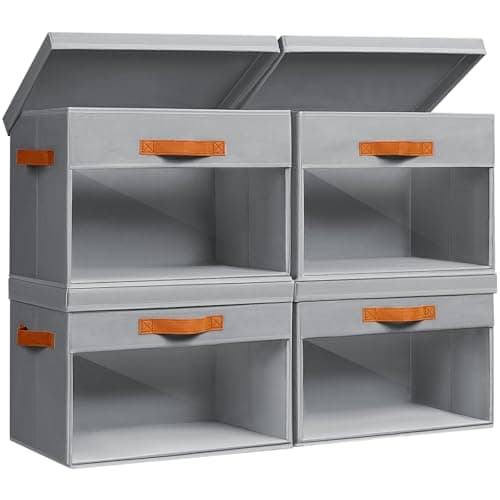 Image of Homsorout Fabric Storage Boxes with Lids - 4 Pack Large Organiser Bins with Clear PVC Windows, Foldable Decorative Wardrobe Storage Baskets for Clothes, Blankets, Sheets, 40 x 30 x 30CM (Light Grey)