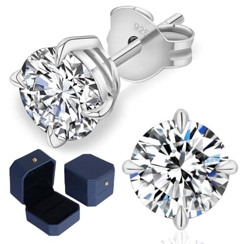 Image of KRKC Moissanite Stud Earrings for Women Men, 0.6-3CT Lab Created Diamond Earrings 14K White Gold Plated, Hypoallergenic Secure Solitaire Studs, Sterling Silver Jewellery Birthday Gift for Wife Mum